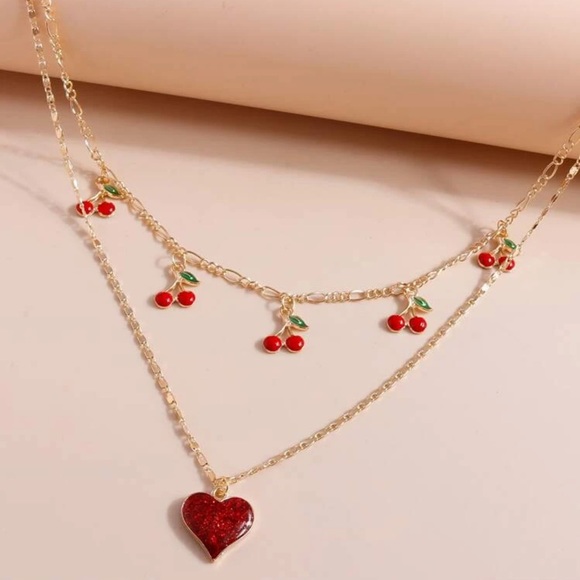 🍒 Lovely Double Layered Cherry Fruit Glitter Heart Necklace ❤️ - Picture 5 of 5
